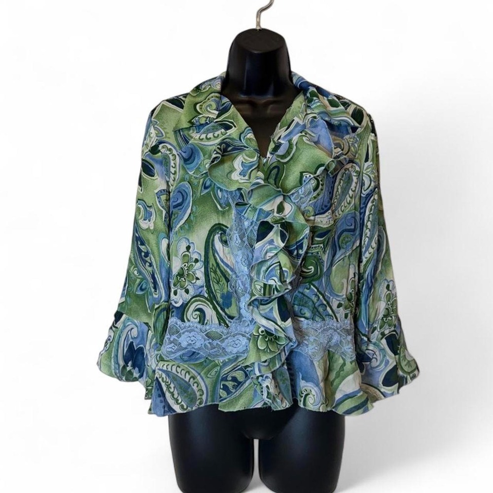 Vintage Y2K Whimsigoth Green Blue Paisley Bell Sleeve Lace Trim Blouse
